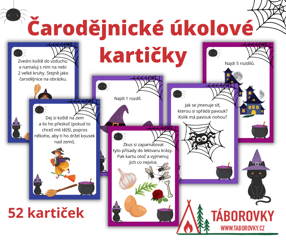 Kartičky s úkoly pro děti s čarodějnickým tématem vhodné na Filipojakubskou noc nebo na akci pálení čarodějnic
